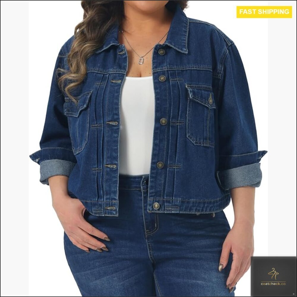 Plus Size Denim Jacket Vintage Western Utility Pockets Button Down Casual